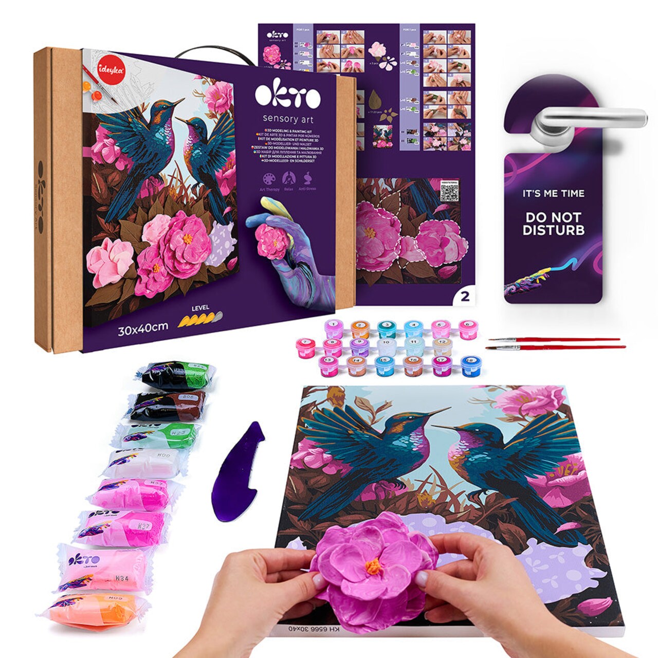 OKTO | Air Dry Clay Paint by Numbers & Modeling Kit for Adults | Hummingbirds in LOVE | 11.8x15.7 in
